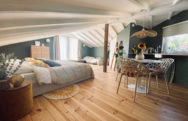 Spacious bedroom in Holiday Home in Fijnaart, North Brabant with wooden floor and cozy furnishings.