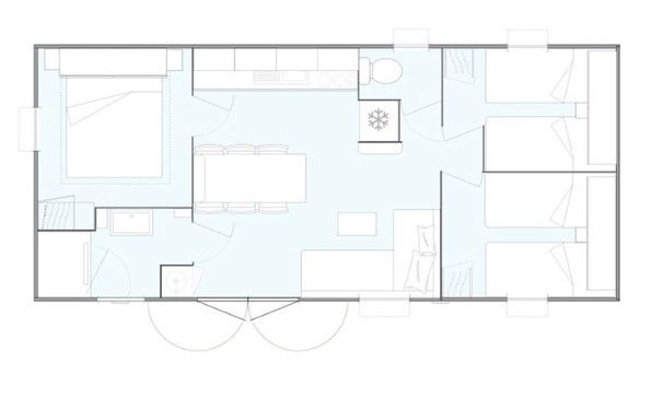 Plattegrond van Vrijstaande comfort chalet ECO6, Egmond aan Zee, Noordzeekust, Noord-Holland, toont indeling en ruimteverdeling.