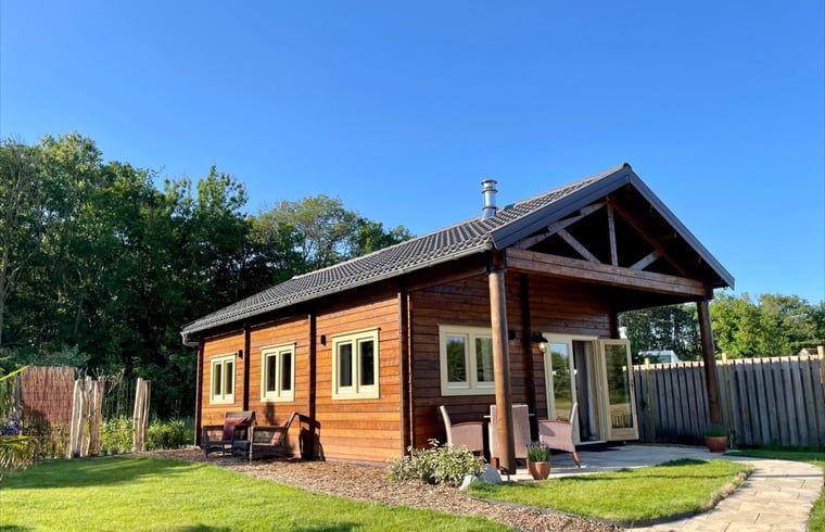 Rustikales Ferienhaus in Callantsoog, Nordseekueste, Nordholland, umgeben von gruener Natur und einer einladenden Terrasse.