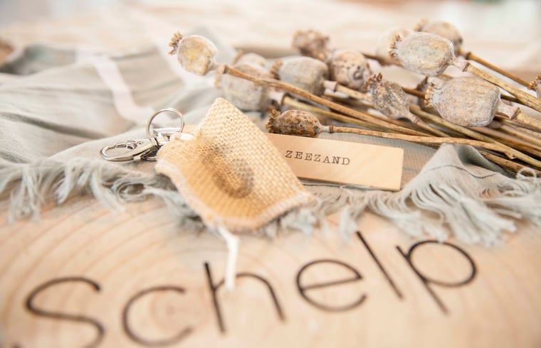 Schluesselanhaenger des Ferienhauses in Callantsoog, Nordseekueste, Nordholland, auf einem rustikalen Hintergrund.