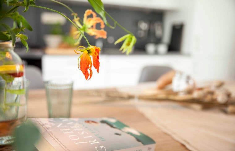 Detail von Blumen und Buch in der Kueche des Ferienhauses in Callantsoog, Nordseekueste, Nordholland.