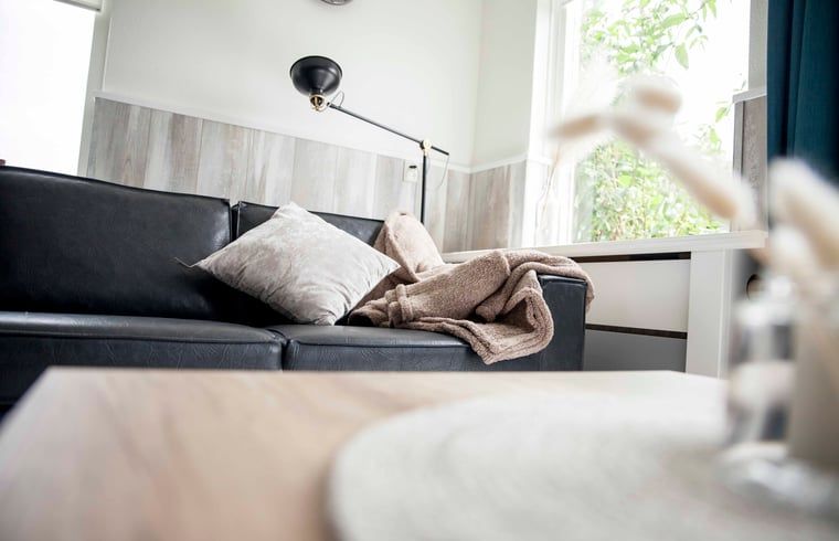 Gemuetliches Wohnzimmer im Ferienhaus in Callantsoog, Nordseekueste, Nordholland, mit einem gemuetlichen Sofa.