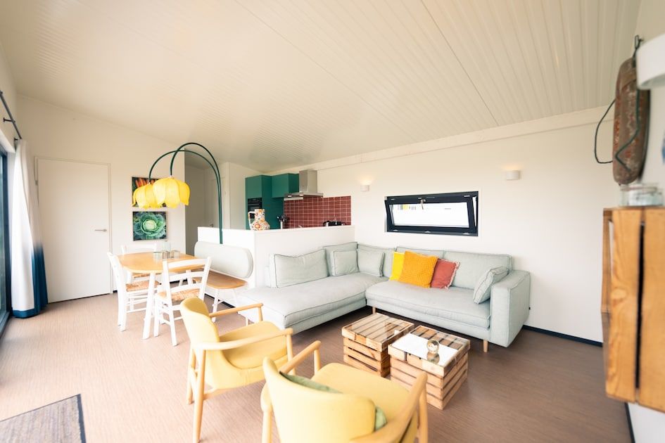 Gezellige woonkamer van vakantiehuis Farmland Family 6 in Callantsoog, Noord-Holland, met comfortabele zithoek.