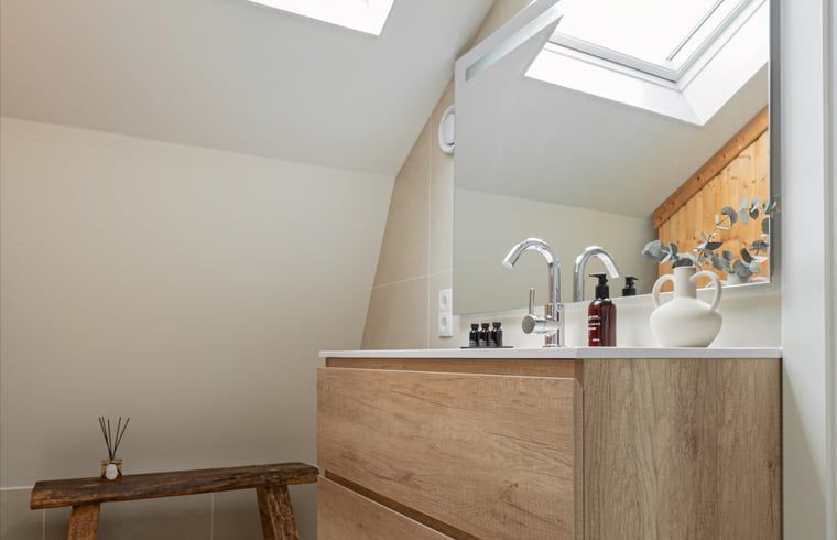 Moderne badkamer met dakraam in Huisje in Egmond aan den Hoef, vakantiehuis aan de Noordzeekust.
