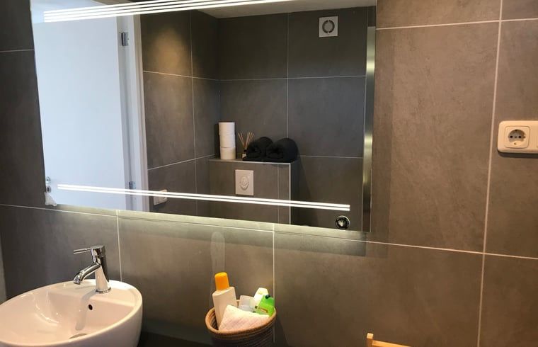 Modern bathroom in Holiday Home in Andijk with large mirror, perfect for relaxation.