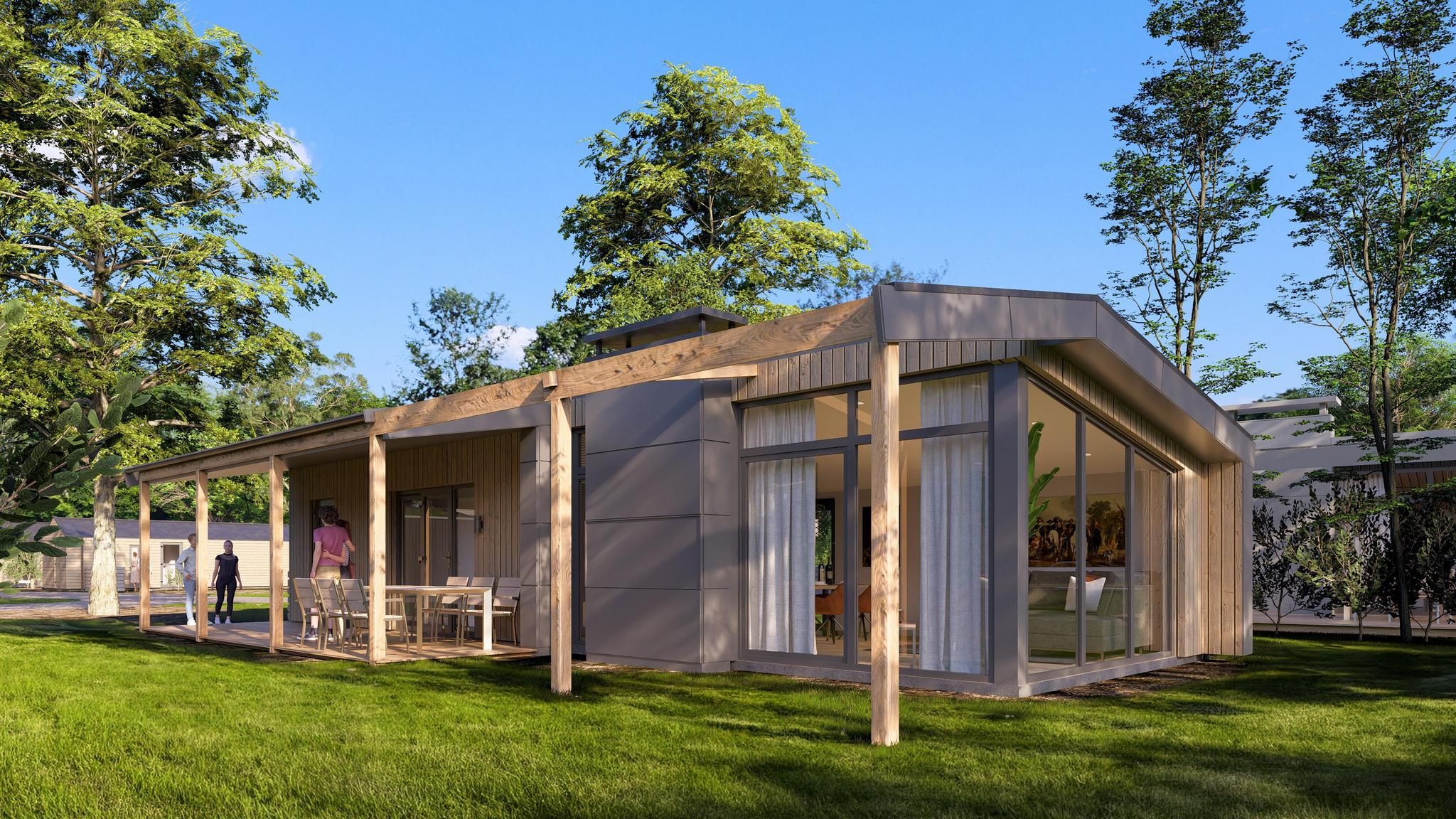 Die Cube Lodge 4 in Enkhuizen bietet ein modernes Ferienhaus mit einer geraeumigen Veranda, umgeben von der Natur der IJsselmeerkueste.