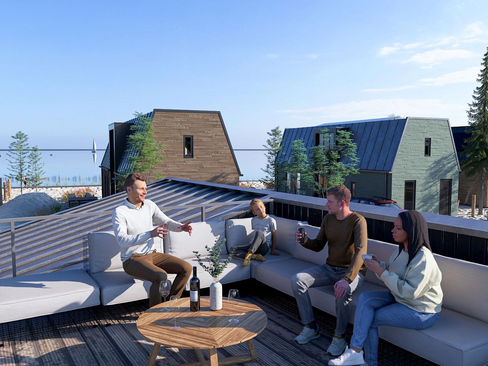 Genieen Sie die Terrasse des freistehenden Hauses in Enkhuizen, Nordholland, mit Blick auf moderne Ferienhuser an der Kste des IJsselmeers.