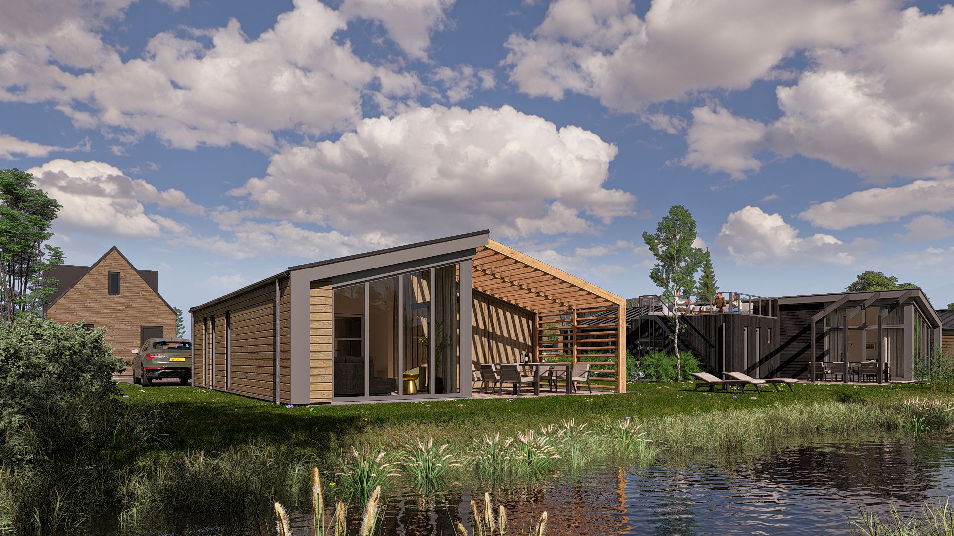 Chalet in Enkhuizen, vakantiehuis aan het water met houten terras en uitzicht op de natuur van de IJsselmeerkust.