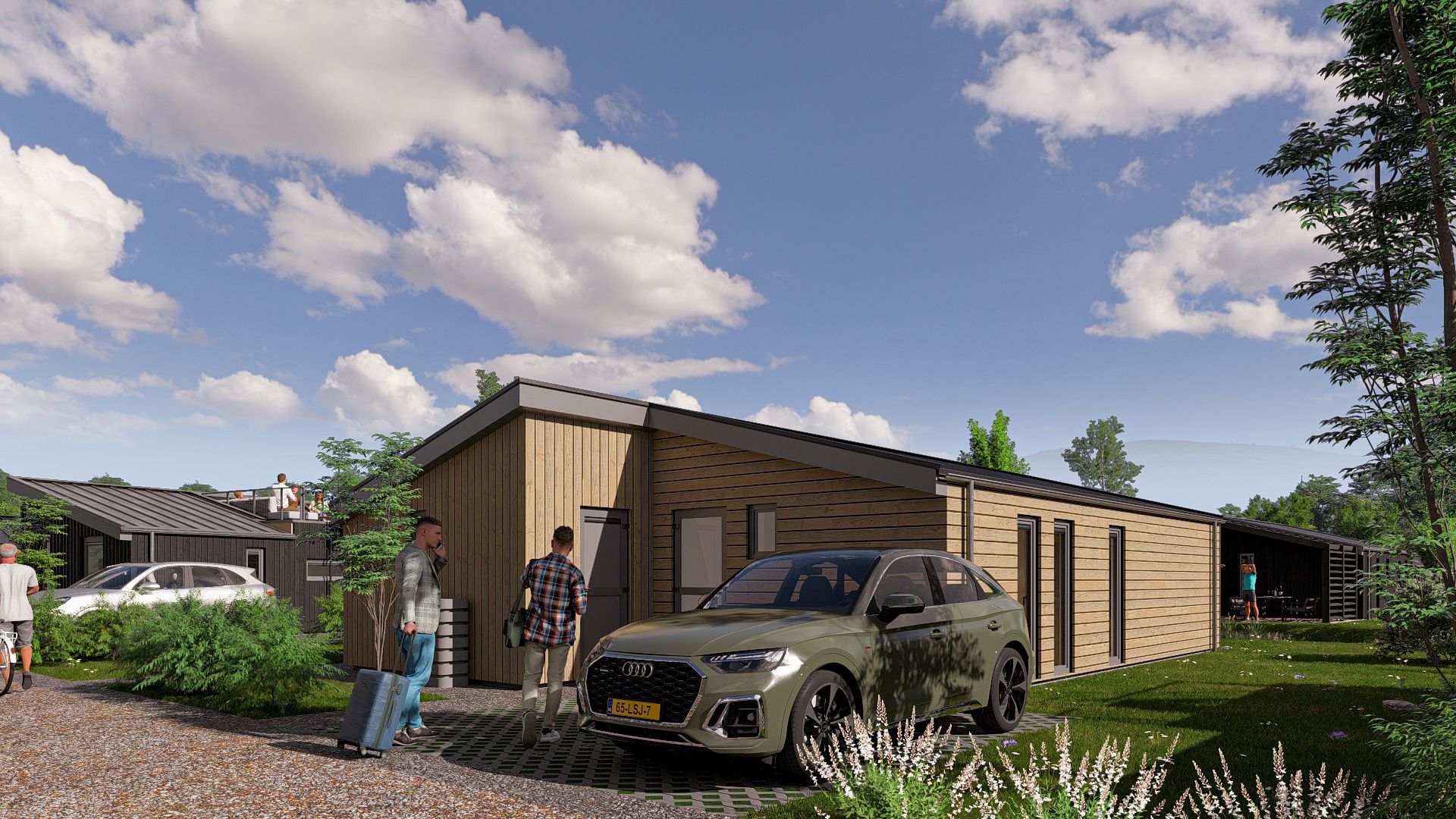 Aankomst bij Chalet in Enkhuizen, vakantiehuis in Noord-Holland met parkeerplaats en groene omgeving.
