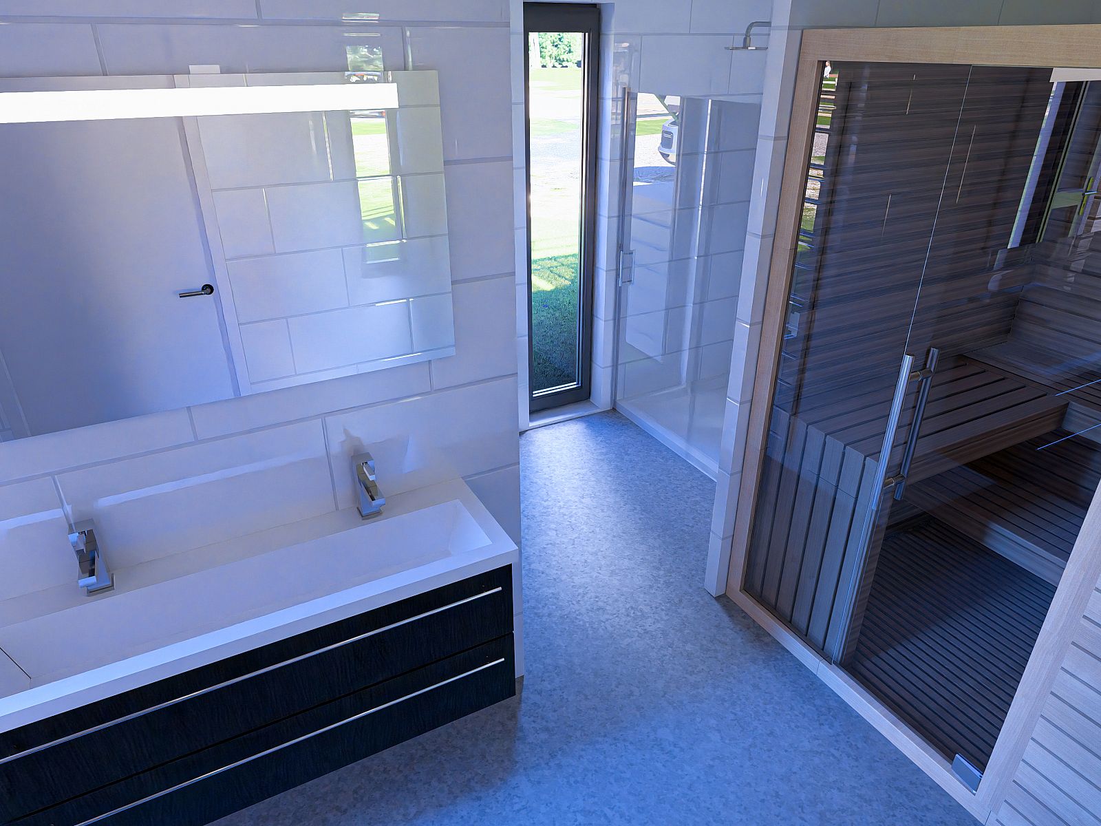 Luxe badkamer in Chalet in Enkhuizen, vakantiehuis in Noord-Holland met moderne voorzieningen en sauna.