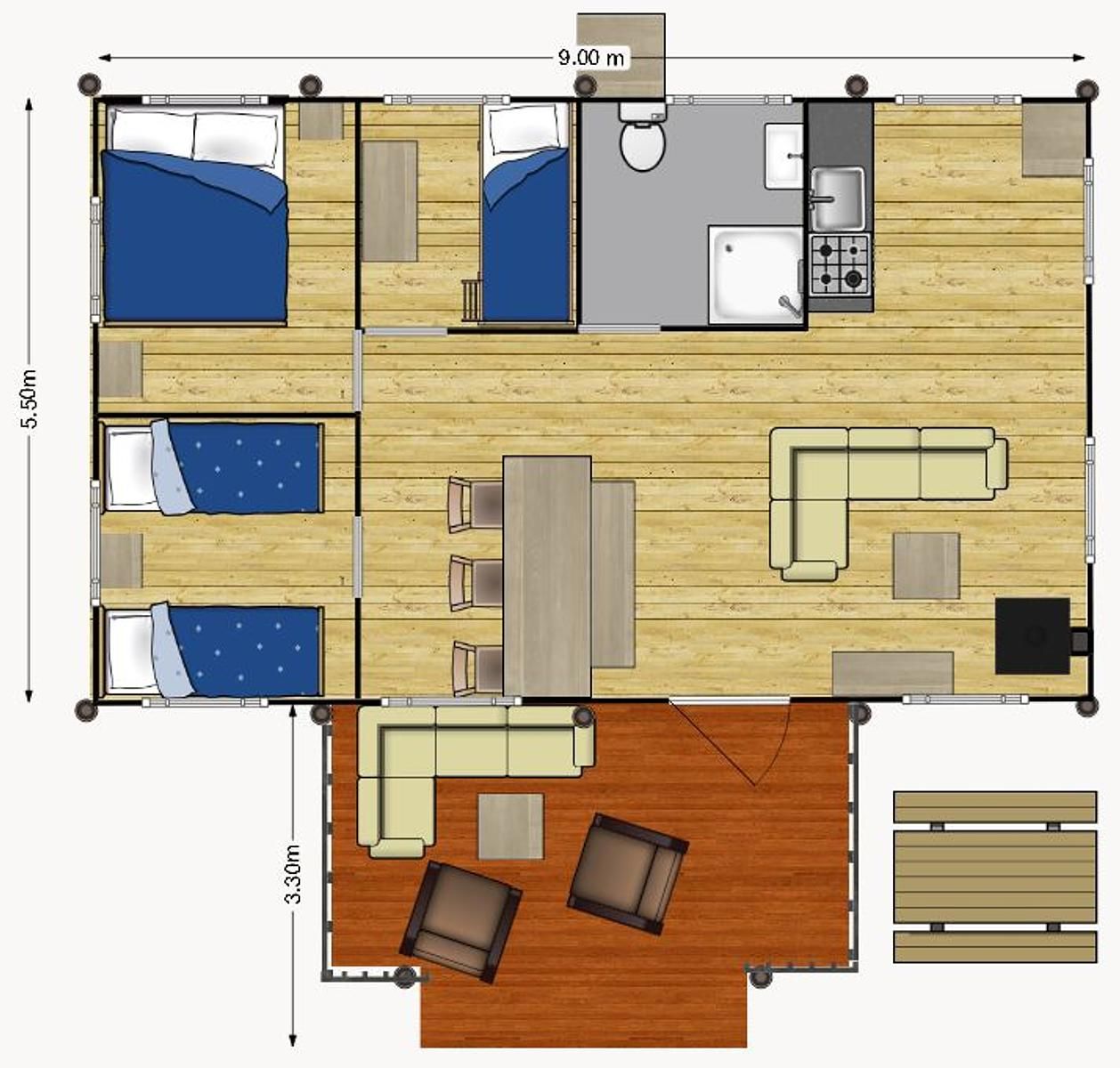 Map of De Stille Heide tent house in Huizen, North Holland, with spacious layout for 6 people, including stove and hot tub.