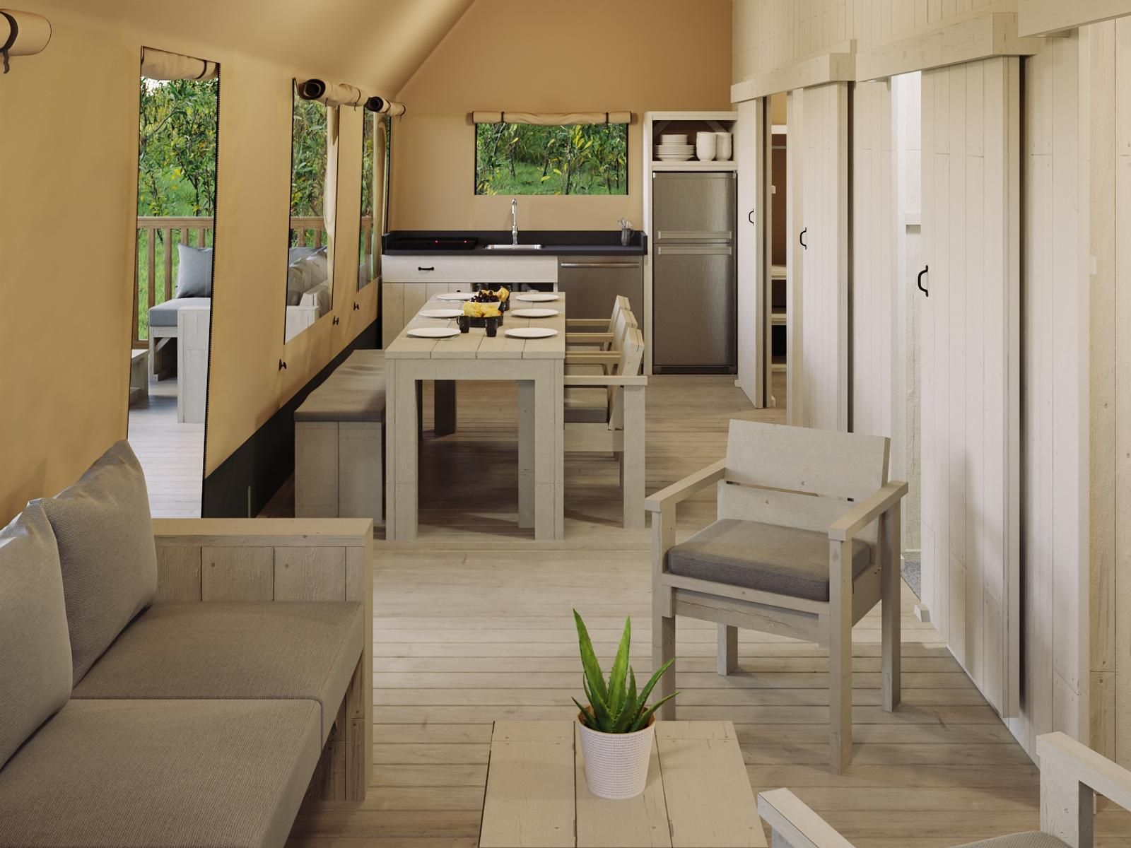 Unterkunft 461622 - Zelthaus IJsselmeerkust - De Bosvilla | 8 Pers. | Kachel