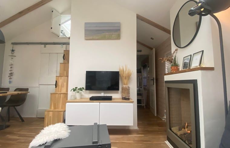 Cozy living room in Cottage in Schoorl, vacation home in North Holland with modern furnishings and a charming fireplace.
