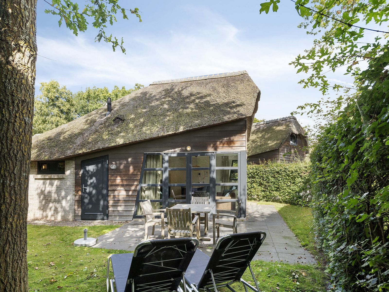 Vrijstaande woning in Schoorl met rieten dak en zonnig terras, ideaal vakantiehuis in Noord-Holland voor ontspanning in de natuur.