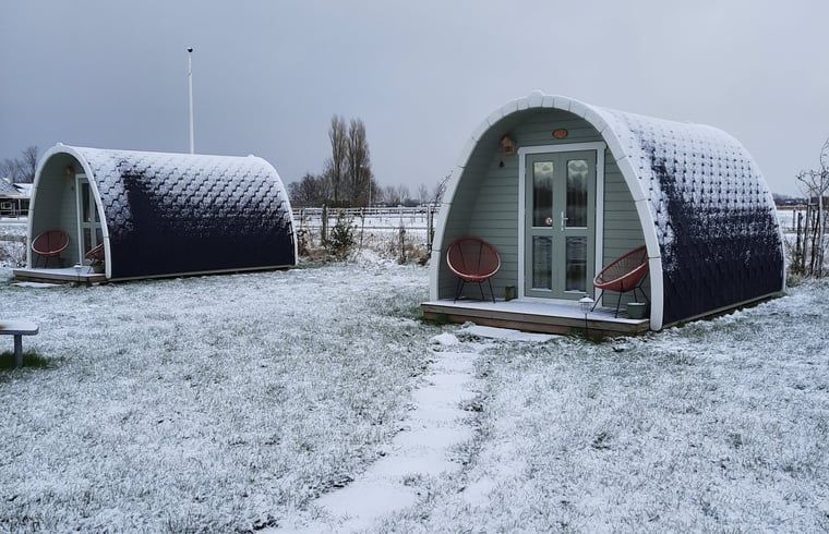 Besneeuwde huisjes bij Huisje in Zuid-Scharwoude, een vakantiehuis in Noord-Holland, voor een winterse vakantiesfeer.