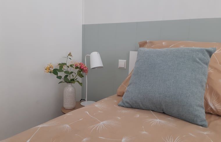 Detail of bedroom in Holiday Home in Driehuizen, North Holland, with decorative flowers and pillows.