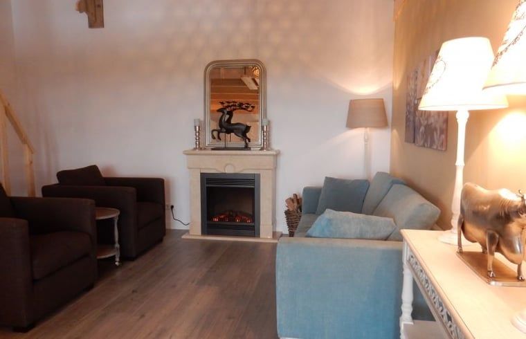 Cozy living room of Holiday Home in Weesp, Amsterdam eo, North Holland, with comfortable sofas and cozy fireplace.