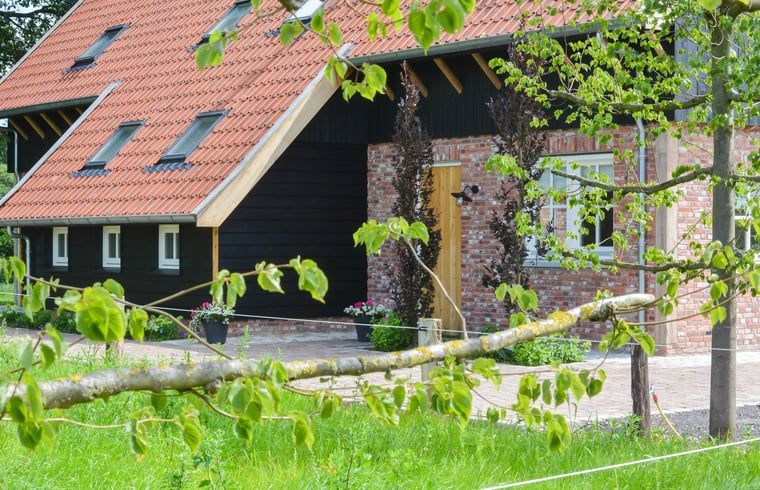 Vorderseite von Cottage in Mander, Ferienhaus in Mander, Twente, mit laendlicher Architektur und gruener Umgebung.
