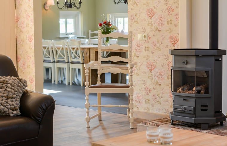 Gemuetliches Wohnzimmer in Cottage in Mander, Mander, Twente, mit Kamin und rustikaler Einrichtung.