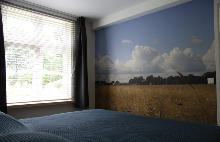Schlafzimmer im Ferienhaus in Mander, Twente, Overijssel, mit einer Wandmalerei der Natur von Twente und viel natuerlichem Licht.