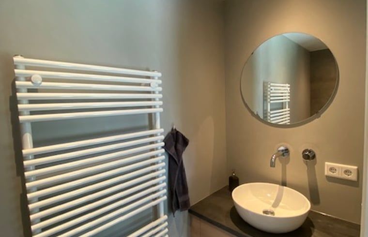 Stilvolles Badezimmer im Ferienhaus in Mander, Twente, Overijssel, mit einem modernen Waschbecken und Spiegel.