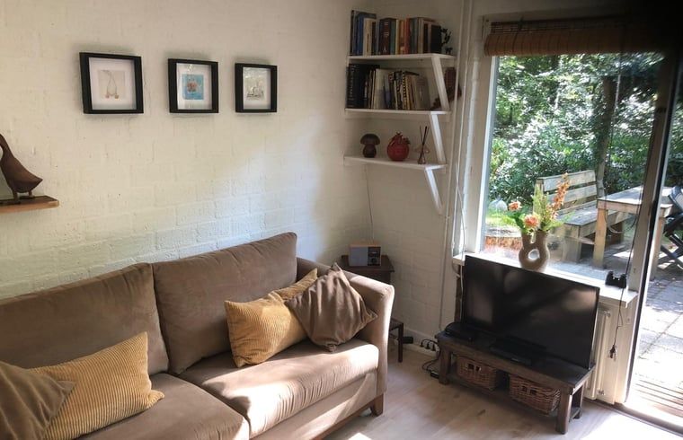 Gemuetliches Wohnzimmer in Huisje in Nutter, Ferienhaus in Nutter, Twente, mit bequemem Sofa.