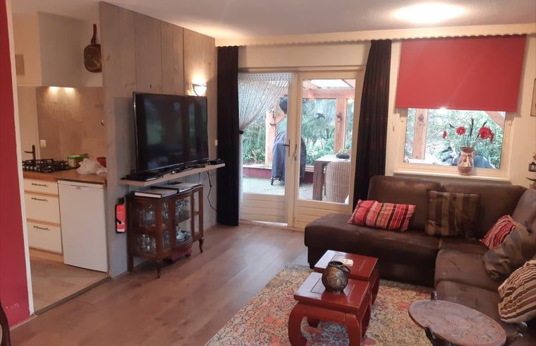 Gezellige woonkamer in Vakantiehuis in Nutter, Twente, met comfortabele bank en toegang tot terras.