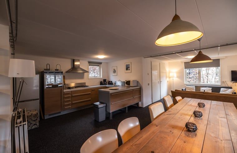 Geraeumiges Wohnzimmer von Huisje in Den Ham, Ferienhaus in Twente, Overijssel, mit gemuetlicher Sitzecke und langem Esstisch fuer Familienaufenthalte.