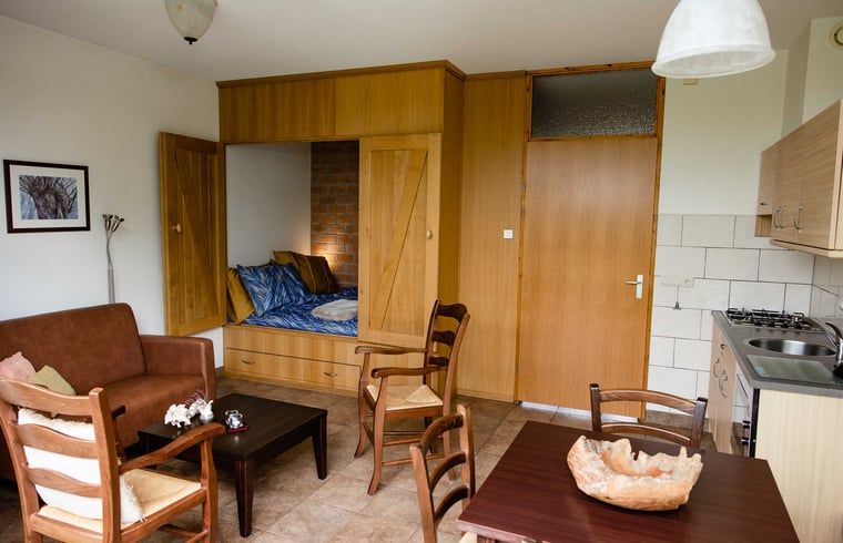 Cozy living room of cottage in Den Ham, Twente. Vacation home with cozy sitting area and kitchen in Overijssel nature.