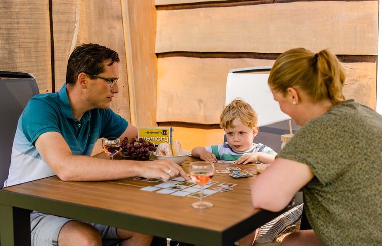 Family enjoys a game on the terrace of Huisje in Den Ham, a vacation home in green Twente, Overijssel.
