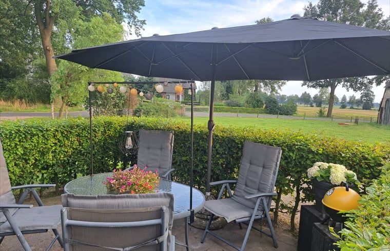 Gezellig terras met uitzicht op de natuur bij Huisje in Den Ham, vakantiehuis in Twente, Overijssel.
