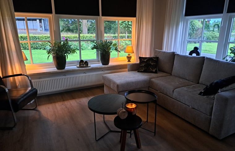 Knusse woonkamer met uitzicht op de tuin in Huisje in Den Ham, vakantiehuis in Den Ham, Twente.