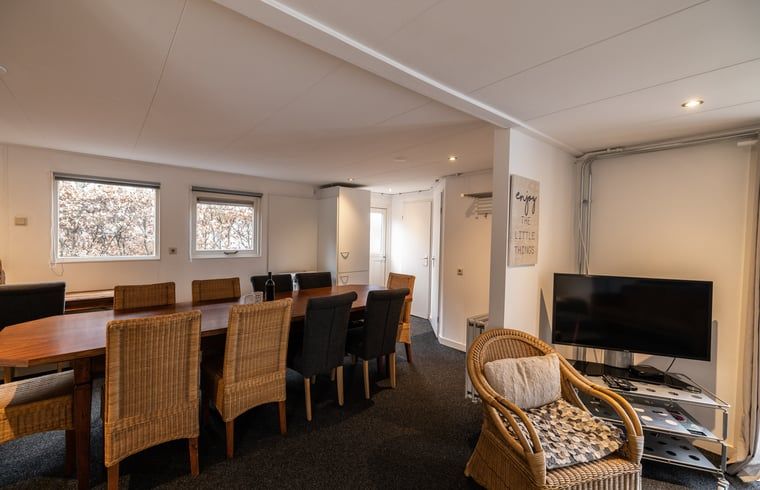 Gezellige woonkamer van Vakantiehuis in Den Ham, Twente, met comfortabele zitruimte en compleet ingerichte keuken in Overijssel.