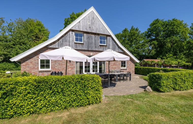 Geniessen Sie die Terrasse des Ferienhauses in de Lutte, gelegen im gruenen Twente, Overijssel, ideal zum Entspannen in der Natur.