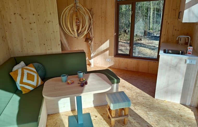 Gezellige zithoek in Vakantiehuisje in de Lutte, Twente, met uitzicht op de natuur.