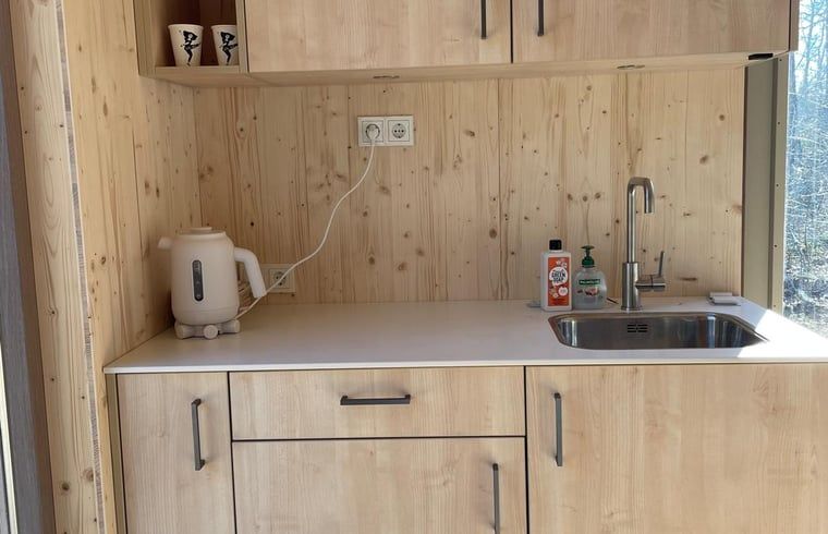 Moderne kitchenette in Vakantiehuisje in de Lutte, Twente, met houten afwerking.