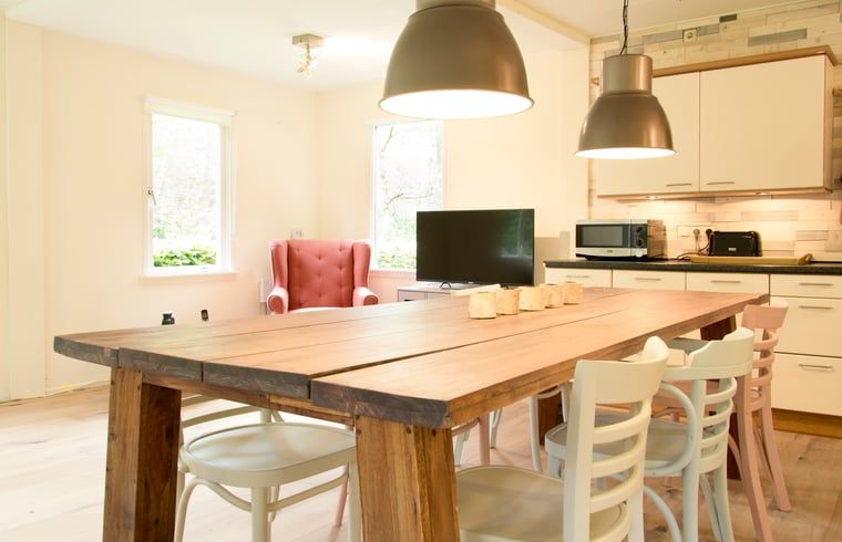 Gemuetlicher Innenbereich des Ferienhauses in De Lutte, Twente, mit Esstisch aus Holz und moderner Kueche in Overijssel.