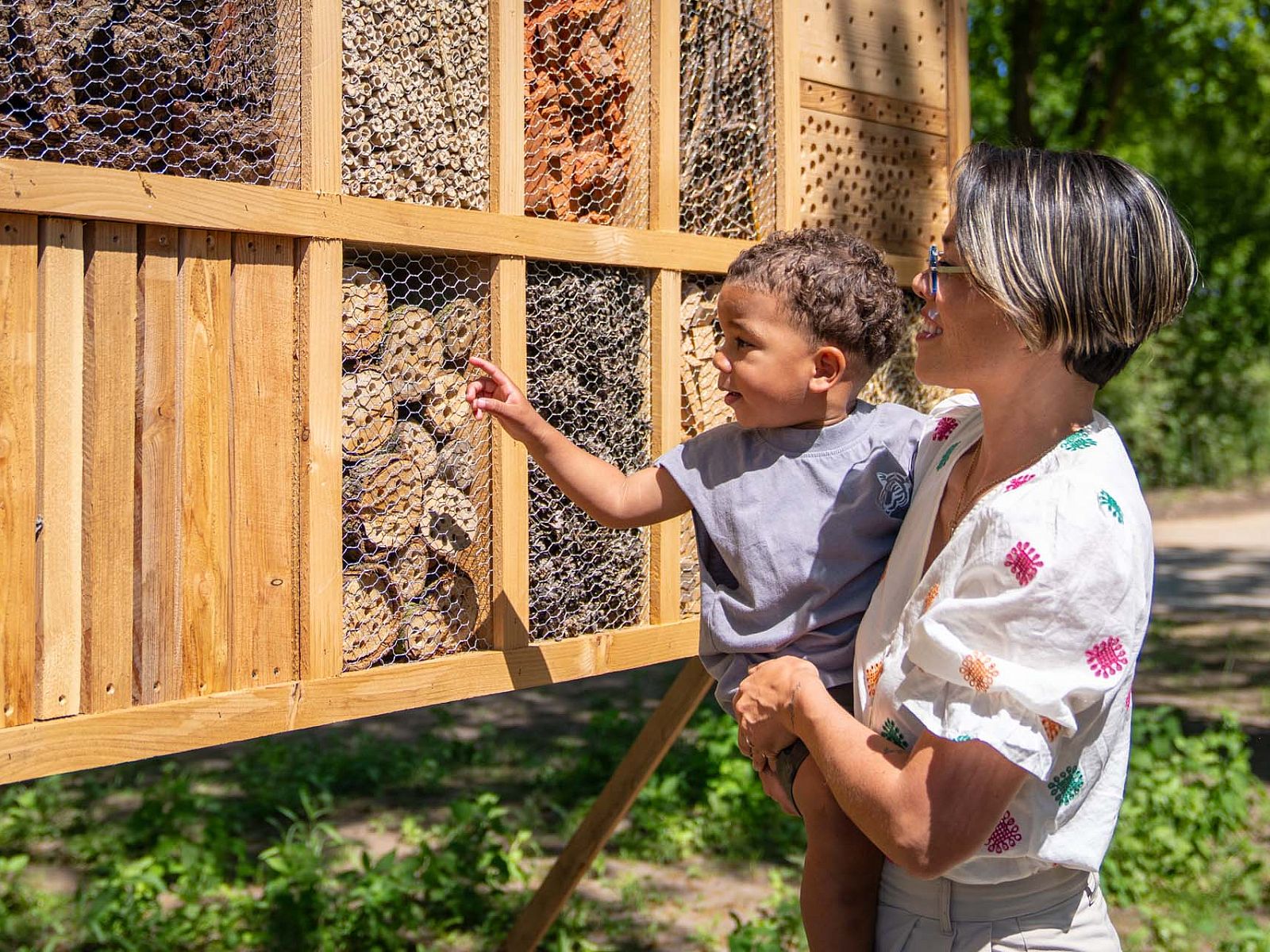 Kind en volwassene bij insectenhotel bij Vrijstaande woning in Beuningen, vakantiehuis in Twente.