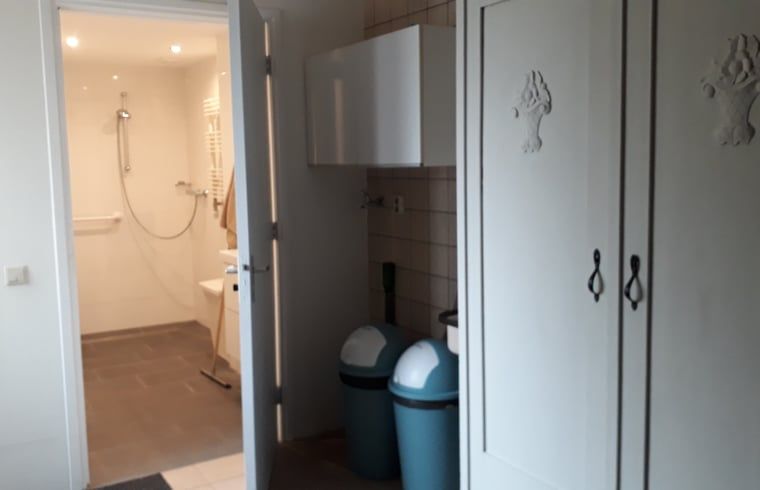 Binnenruimte van Huisje in Beuningen, vakantiehuis in Twente, Overijssel met moderne badkamer en rustieke kast.