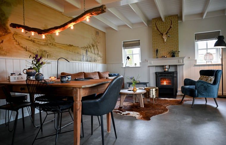 Tweede slaapkamer in Vakantiehuisje in Reutum, Twente met kleurrijke muurdecoratie en zachte bedden.