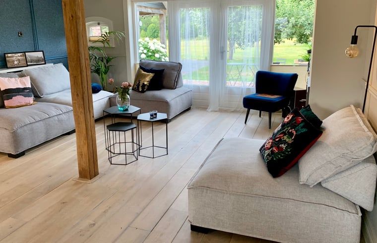 Stijlvolle woonkamer in Vakantiehuis in Reutum, Twente, Overijssel met grote ramen en veel lichtinval.