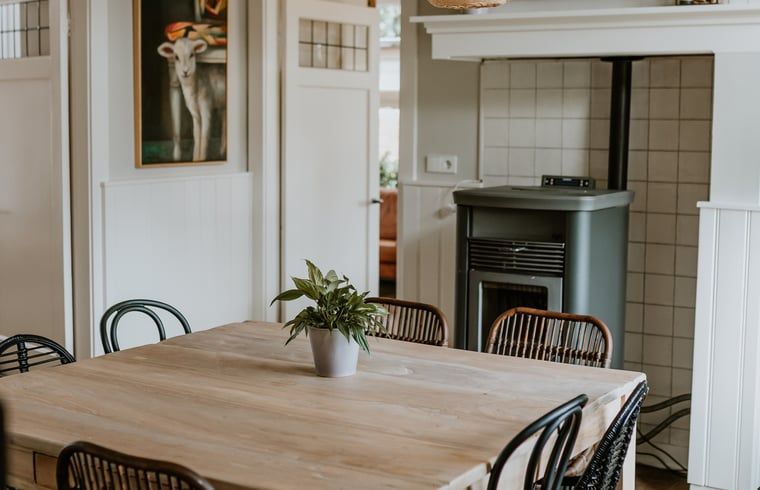 Eettafel met stoelen in Vakantiehuis in Reutum, Twente, Overijssel naast een knusse houtkachel.