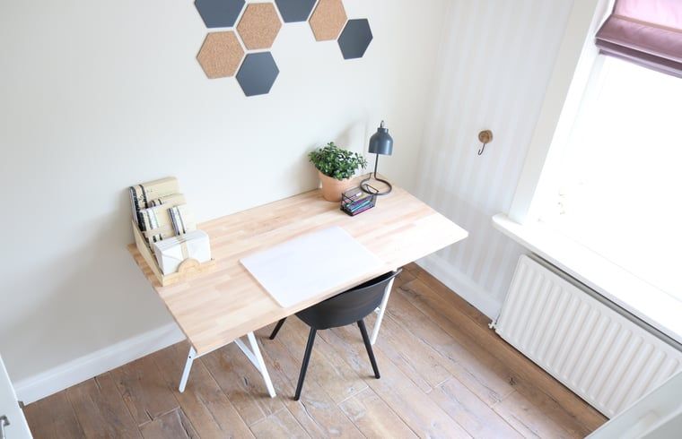 Lichte bureauruimte in Vakantiehuis in Reutum, Twente, Overijssel met uitzicht op de tuin.