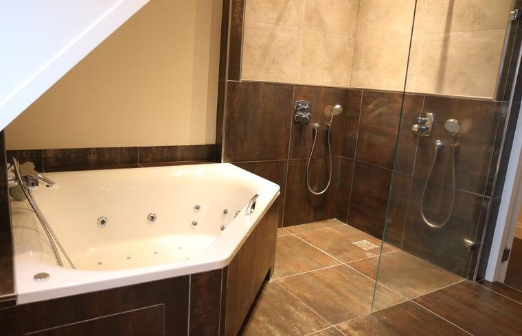 Ruime badkamer in Vakantiehuis in Reutum, Twente, Overijssel met inloopdouche en bubbelbad.