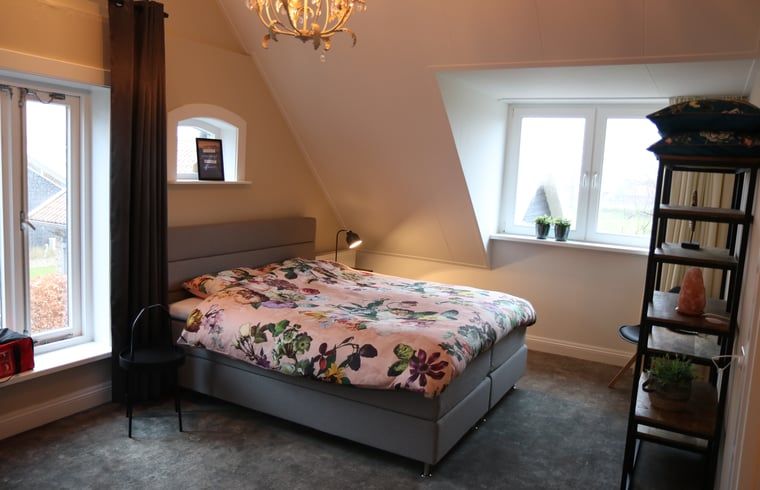 Sfeervolle slaapkamer in Vakantiehuis in Reutum, Twente, Overijssel met uitzicht op het landschap.