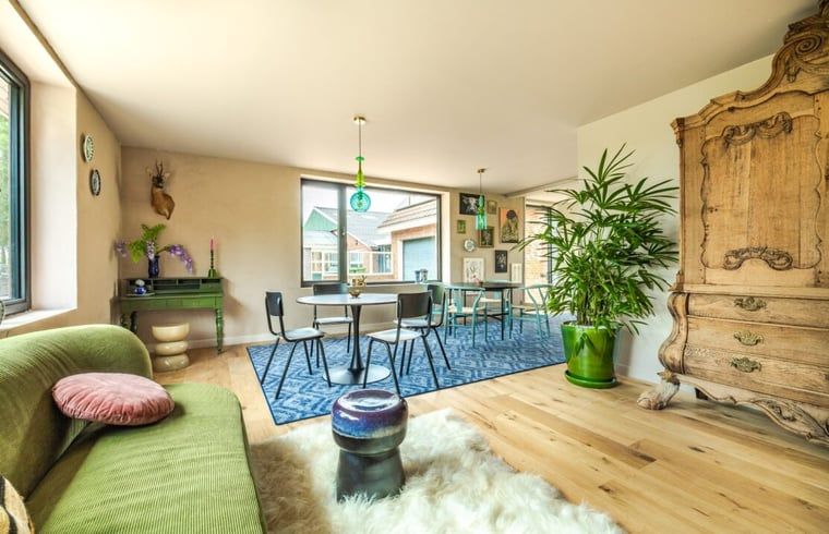 Gezellige woonkamer in Huisje in Rijssen, vakantiehuis in Twente, Overijssel met kleurrijke inrichting en uitzicht op de groene natuur.