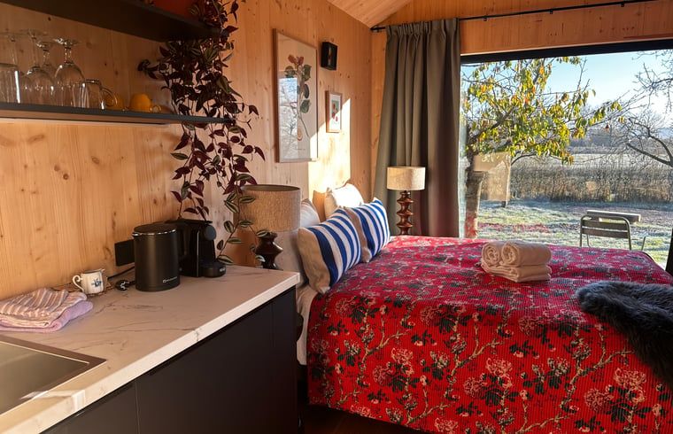 Luftaufnahme eines Ferienhauses in Rijssen, Twente, Overijssel mit gruener Umgebung und modernen Ferienhaeusern.