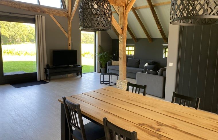 Eetkamer en lounge in Vakantiehuisje Ambt Delden, Twente met toegang tot de tuin en moderne inrichting.