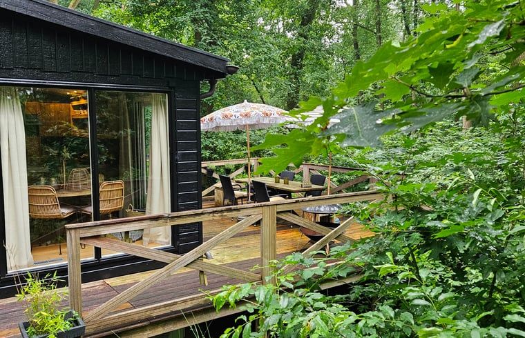 Huisje in Haaksbergen vakantiehuis met houten terras omringd door groene natuur in Twente, Overijssel. Perfect voor een ontspannen verblijf.