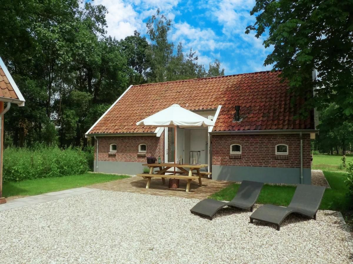Design Lodge Twente Ferienhaus mit Terrasse und Liegestuehlen in Haaksbergen, Overijssel, umgeben von gruener Natur.